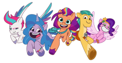 Size: 1016x527 | Tagged: safe, imported from derpibooru, hitch trailblazer, izzy moonbow, pipp petals, sunny starscout, zipp storm, earth pony, pegasus, pony, unicorn, 2d, bag, bean mouth, big grin, bracelet, confident, cute, excited, female, flying, g5, grin, happy, hasbro, hitchbetes, izzybetes, jewelry, looking at you, male, mane five (g5), mane stripe sunny, mare, multicolored hair, my little pony: tell your tale, official, raised eyebrow, running, siblings, simple background, sisters, smiling, stallion, stylized, sunnybetes, transparent background