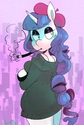 Size: 1580x2351 | Tagged: safe, artist:urbanqhoul, imported from derpibooru, rarity, anthro, unicorn, beatnik rarity, beret, cigarette, clothes, female, hat, solo, sweater