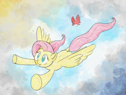 Size: 2000x1500 | Tagged: safe, alternate version, artist:underwoodart, derpibooru exclusive, imported from derpibooru, fluttershy, bird, pegasus, pony, cloud, digital art, female, flying, g4, gliding, hooves out, mare, no pupils, open mouth, open smile, outdoors, sky, smiling, solo, spread wings, wings