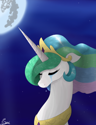 Size: 2550x3300 | Tagged: safe, artist:engi, imported from derpibooru, princess celestia, alicorn, pony, lullaby for a princess, crown, crying, digital art, ethereal mane, eyes closed, female, floppy ears, horn, jewelry, mare in the moon, moon, night, regalia, sad, stars