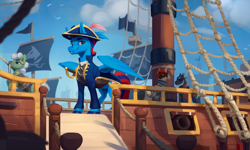 Size: 2000x1201 | Tagged: source needed, safe, artist:rodrigues404, imported from derpibooru, oc, oc only, oc:andrew swiftwing, oc:swift sail, earth pony, pegasus, alternate universe, bandana, boat, cannon, clothes, coat, ear piercing, earring, eyepatch, fantasy class, feather, flag, hat, jewelry, looking at you, male, painting, piercing, pirate ship, rapier, rope, sailor, sailor uniform, ship, smiling, stallion, sword, uniform, weapon