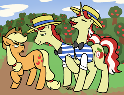 Size: 985x751 | Tagged: safe, artist:/d/non, imported from derpibooru, applejack, flam, flim, earth pony, pony, unicorn, apple, apple tree, brothers, facial hair, februpony, female, flim flam brothers, food, grumpy, male, mare, moustache, siblings, smiling, stallion, tree, trio