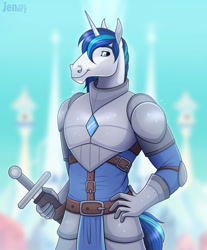 Size: 1062x1280 | Tagged: safe, artist:jenery, imported from derpibooru, shining armor, anthro, unicorn, armor, blurry background, eyebrows, hand on hip, hoers, horn, male, smiling, solo, sword, weapon