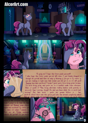 Size: 1275x1775 | Tagged: safe, artist:alcor, imported from derpibooru, lyra heartstrings, pinkie pie, earth pony, pony, comic:double trouble (alcor), bell, catsuit, comic, explicit source, female, grogar's bell, implied lyra, lyra plushie, mare, mirror portal, pinkie spy, plushie, speech bubble, staff, staff of sacanas