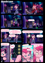 Size: 1275x1775 | Tagged: safe, artist:alcor, imported from derpibooru, pinkie pie, alicorn, earth pony, pony, comic:double trouble (alcor), alicorn amulet, alicornified, catsuit, comic, dialogue, explicit source, female, i have no idea what i'm doing, mare, mirror portal, pinkie spy, pinkiecorn, pipbuck, race swap, speech bubble, xk-class end-of-the-world scenario