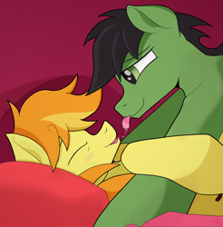 Size: 2160x2193 | Tagged: safe, artist:sefastpone, imported from derpibooru, braeburn, oc, oc:anon, oc:anon stallion, earth pony, bed, blushing, canon x oc, digital art, drool, drool string, gay, male, pillow, shipping, tongue out