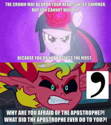 Size: 2005x2256 | Tagged: safe, edit, edited screencap, imported from derpibooru, screencap, sunset shimmer, twilight sparkle, demon, equestria girls, equestria girls (movie), angry, apostrophe, comic, female, harmonic transformation, impact font, magic, nostalgia critic, ponied up, reference, screencap comic, sunset satan, text