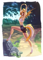 Size: 2977x4096 | Tagged: safe, artist:holivi, imported from derpibooru, oc, anthro, bat pony, unguligrade anthro, bra, clothes, female, implied tail hole, looking at you, mare, shorts, solo, sports bra, sports shorts, underwear