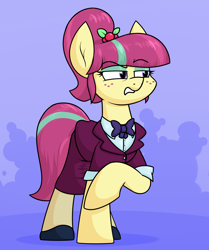 Size: 1474x1762 | Tagged: safe, artist:moonatik, imported from derpibooru, sour sweet, earth pony, pony, equestria girls, abstract background, bowtie, cherry, clothes, crystal prep academy uniform, equestria girls ponified, eyeshadow, female, food, freckles, makeup, mare, ponified, school uniform, shirt, shoes, solo, sour sweet is not amused, tights, unamused