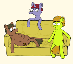 Size: 2500x2200 | Tagged: safe, artist:potatoconnoisseur, derpibooru exclusive, imported from derpibooru, oc, oc only, oc:assaultina, oc:smelly bigshit, oc:up beet, earth pony, pony, unicorn, couch, female, looking at you, lying down, male, mare, simple background, sitting, stallion, trio