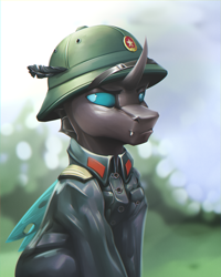 Size: 2000x2500 | Tagged: safe, artist:richmay, imported from derpibooru, oc, oc only, changeling, blue changeling, bust, changeling oc, clothes, feather, helmet, high res, looking at you, military, military uniform, solo, uniform, vietnam war, war