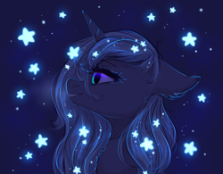 Size: 2000x1562 | Tagged: safe, artist:avrameow, imported from derpibooru, princess luna, alicorn, pony, bust, floppy ears, smiling, solo, stars