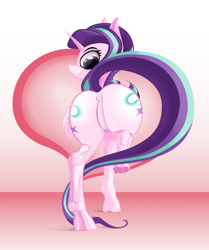 Size: 2800x3350 | Tagged: safe, anonymous artist, imported from derpibooru, starlight glimmer, pony, unicorn, both cutie marks, butt, featureless crotch, female, flank, glimmer glutes, heart, high res, lifted leg, long tail, looking back, mare, no mouth, plot, rear view, simple background, solo, tail, underhoof