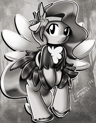 Size: 1664x2132 | Tagged: safe, artist:llametsul, imported from derpibooru, pipp petals, pegasus, pony, adorapipp, blushing, clothes, covering, cute, dress, female, floppy ears, g5, looking at you, mare, monochrome, my little pony: a new generation, solo, spread wings, unshorn fetlocks, wings