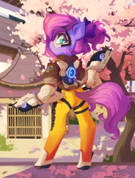 Size: 1560x2048 | Tagged: safe, alternate version, artist:saxopi, imported from derpibooru, oc, oc only, oc:lillybit, semi-anthro, butt, cherry blossoms, cherry tree, clothes, colored pupils, cosplay, costume, crossover, female, flower, flower blossom, futuristic, goggles, gun, hoof shoes, leg strap, looking at you, looking back, looking back at you, overwatch, plot, ponified, purple mane, purple tail, rear view, solo, tail, tail hole, teal eyes, tracer, tree, video game crossover, weapon