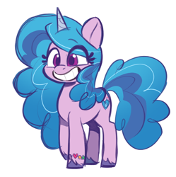 Size: 710x712 | Tagged: safe, artist:oofycolorful, imported from derpibooru, izzy moonbow, pony, unicorn, calarts, cute, eye clipping through hair, female, full body, g5, grin, hooves, horn, izzybetes, mare, my little pony: tell your tale, simple background, smiling, solo, standing, tail, unshorn fetlocks, white background