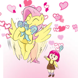 Size: 1000x1000 | Tagged: safe, artist:kushina13, imported from derpibooru, fluttershy, ghost, human, pegasus, pony, undead, cute, duo, emanata, eyes closed, female, flying, gradient background, heart, hug, looking at someone, mare, shyabetes