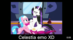 Size: 720x394 | Tagged: safe, imported from derpibooru, screencap, aloe, princess celestia, alicorn, pony, between dark and dawn, bipedal, bipedal leaning, caption, collar, duo, duo focus, female, image macro, leaning, meme, mirror, mouth hold, nail polish, punklestia, sitting, spa, spa pony, spiked collar, text, youtube, youtube link, youtube thumbnail