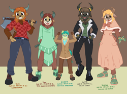 Size: 1418x1044 | Tagged: safe, artist:caroo, imported from derpibooru, sandbar, yona, oc, oc:yana, oc:yasmin, oc:yvette, anthro, earth pony, plantigrade anthro, yak, axe, boots, bracelet, breasts, cleavage, clothes, dress, flannel shirt, jacket, jeans, jewelry, pants, ring, sandals, shoes, size comparison, size difference, toe ring, weapon, yak oc