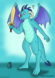 Size: 1024x1449 | Tagged: safe, artist:sparkbolt3020, imported from derpibooru, princess ember, dragon, box, commission, question mark, sword, transformation, transformation sequence, weapon