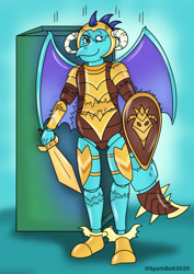 Size: 1024x1449 | Tagged: safe, artist:sparkbolt3020, imported from derpibooru, princess ember, dragon, armor, box, commission, forced smile, helmet, shield, shrinking, smiling, sword, transformation, transformation sequence, weapon