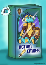 Size: 1024x1449 | Tagged: safe, artist:sparkbolt3020, imported from derpibooru, princess ember, dragon, action figure, armor, box, commission, confused, helmet, inanimate tf, shield, sword, thought bubble, transformation, transformation sequence, weapon