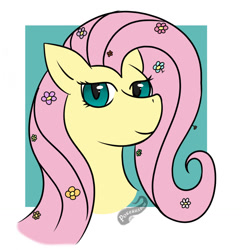 Size: 1239x1280 | Tagged: safe, artist:pokeshadow, imported from derpibooru, fluttershy, pony, bust, fanart, flower, flower in hair, green background, head shot, looking at you, portrait, simple background, smiling, white background