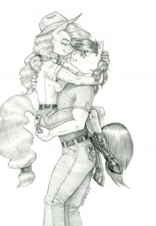 Size: 900x1310 | Tagged: safe, artist:baron engel, imported from derpibooru, bright mac, pear butter, anthro, earth pony, unguligrade anthro, applejack's mom, boots, breasts, brightbutter, busty pear butter, clothes, couple, duo, female, grayscale, male, monochrome, pants, pencil drawing, shipping, shoes, straight, traditional art