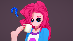 Size: 1920x1080 | Tagged: safe, artist:ratachu666, imported from derpibooru, pinkie pie, equestria girls, 3d, coffee mug, koikatsu, mug, pinkie being pinkie, question mark, simple background