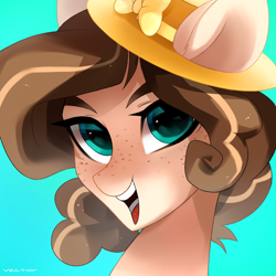 Size: 1700x1700 | Tagged: safe, artist:zlatavector, imported from derpibooru, oc, oc only, oc:celia montigre, earth pony, pony, bow, bust, commission, female, freckles, gradient background, hat, icon, looking at you, mare, portrait, smiling, smiling at you, solo