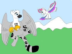 Size: 1032x774 | Tagged: safe, artist:wolfspiritclan, imported from derpibooru, zipp storm, oc, griffon, pegasus, pony, flying, g5, griffon oc, my little pony: a new generation, original character do not steal