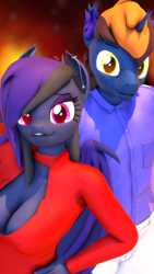 Size: 2160x3840 | Tagged: safe, artist:dangerousdpad, imported from derpibooru, oc, oc:moonshine, oc:moonshine dusk, anthro, bat pony, unicorn, 3d, anthro oc, clothes, duo, duo male and female, high res, shirt, source filmmaker