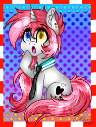 Size: 746x984 | Tagged: safe, artist:yulianapie26, imported from derpibooru, oc, oc only, pony, unicorn, :o, ear fluff, ear piercing, heterochromia, horn, necktie, open mouth, piercing, polka dot background, solo, unicorn oc