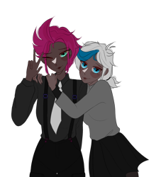 Size: 1024x1126 | Tagged: safe, artist:idkhesoff, imported from derpibooru, tempest shadow, oc, oc:elizabat stormfeather, human, alternate hairstyle, blushing, canon x oc, clothes, dark skin, duo, female, hug, humanized, humanized oc, lesbian, necktie, one eye closed, pants, peace sign, shipping, shirt, simple background, skirt, socks, stockings, stormshadow, suspenders, sweater, thigh highs, transparent background, wink