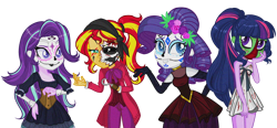 Size: 2144x991 | Tagged: safe, artist:yulianapie26, imported from derpibooru, rarity, starlight glimmer, sunset shimmer, twilight sparkle, equestria girls, bare shoulders, base used, clothes, costume, dia de los muertos, face paint, female, simple background, sleeveless, smiling, transparent background