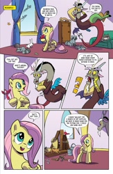 Size: 1041x1600 | Tagged: safe, artist:pencils, idw, imported from derpibooru, discord, fluttershy, rainbow dash, bird, butterfly, cat, dog, draconequus, hedgehog, pegasus, pony, raccoon, squirrel, spoiler:comic94, chessboard, comic, dialogue, duo focus, exclamation point, pun, visual pun, wonderbolts