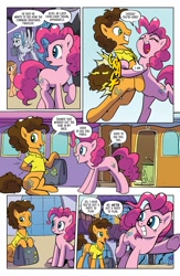 Size: 1041x1600 | Tagged: safe, artist:pencils, idw, imported from derpibooru, cheese sandwich, pinkie pie, oc, oc:sky shatter, earth pony, pony, spoiler:comic94, bipedal, comic, dialogue, duo focus, female, hug, male, mare, shipping fuel, stallion, suitcase, train, underhoof