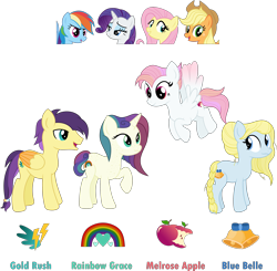 Size: 3552x3483 | Tagged: safe, artist:littlejurnalina, imported from derpibooru, applejack, fluttershy, rainbow dash, rarity, oc, oc:blue belle, oc:gold rush, oc:melrose apple, oc:rainbow grace, earth pony, pegasus, pony, unicorn, female, high res, magical lesbian spawn, male, mare, offspring, parent:applejack, parent:fluttershy, parent:rainbow dash, parent:rarity, simple background, stallion, transparent background