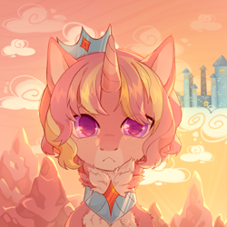 Size: 3000x3000 | Tagged: safe, artist:miioko, imported from derpibooru, oc, oc only, pony, unicorn, bust, cloud, crown, frown, high res, horn, jewelry, mountain, outdoors, regalia, solo, unicorn oc