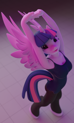 Size: 598x1000 | Tagged: safe, artist:moonbucket, imported from derpibooru, twilight sparkle, alicorn, anthro, unguligrade anthro, 3d, blender, blender cycles, breasts, clothes, female, pose, solo, stretching, twilight sparkle (alicorn), workout, workout outfit