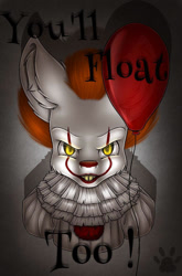 Size: 661x1000 | Tagged: safe, artist:maneblue, imported from derpibooru, earth pony, pony, balloon, bust, chest fluff, clothes, clown, evil grin, grin, it, male, paw prints, pennywise, ponified, smiling, stallion