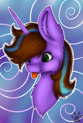 Size: 2013x2978 | Tagged: safe, artist:maneblue, imported from derpibooru, oc, oc only, pony, unicorn, :p, abstract background, bust, chest fluff, ear fluff, high res, horn, paw prints, portrait, solo, tongue out, unicorn oc