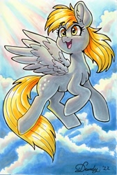 Size: 1374x2048 | Tagged: safe, artist:dandy, imported from derpibooru, derpy hooves, pegasus, pony, :3, chest fluff, flying, happy, open mouth, smiling, solo, spread wings, traditional art, wings