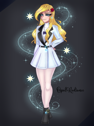 Size: 2592x3492 | Tagged: safe, artist:opal_radiance, imported from derpibooru, prince blueblood, human, equestria girls, boots, clothes, dress, female, humanized, princess bluebelle, rule 63, shoes, suit