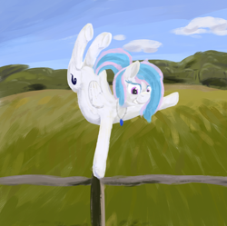 Size: 1908x1903 | Tagged: safe, artist:barhandar, imported from ponybooru, oc, oc only, oc:starburn, pegasus, pony, acrobatics, balancing, colored eyelashes, female, fence, grin, image, looking at you, mare, painterly, painting, png, raised leg, smiling, solo, underhoof