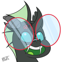 Size: 4096x4096 | Tagged: safe, artist:evan555alpha, imported from ponybooru, oc, oc only, oc:yvette (evan555alpha), changeling, insect, ladybug, awesome face, bean mouth, calarts, changeling oc, cursed image, dorsal fin, ear clip, epic smile, evan's daily buggo, fangs, female, g5, glasses, green tongue, happy, my little pony: tell your tale, round glasses, signature, simple background, sketch, smiling, solo, style emulation, transparent background