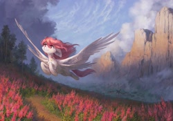 Size: 2859x2000 | Tagged: safe, artist:koviry, imported from derpibooru, oc, oc only, pegasus, pony, choker, ear piercing, flying, forest, four wings, mountain, multiple wings, piercing, scenery, sky, solo, town, valley, windmill, wings