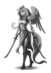 Size: 2480x3508 | Tagged: safe, artist:vitaj, imported from derpibooru, fluttershy, anthro, butterfly, pegasus, plantigrade anthro, armor, clothes, dual wield, female, fighter, grayscale, heel pop, heron guard, high res, looking at you, mare, monochrome, myth (bungie), myth ii: soulbrighter, shoes, simple background, skirt, solo, sword, swordmare, transparent background, weapon, wings