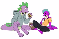 Size: 4096x2714 | Tagged: safe, artist:chub-wub, imported from derpibooru, spike, dragon, bag, barb, burger, clothes, cup, drink, duality, duo, eating, eyes closed, food, hoodie, jeans, male, meat, nonbinary, nonexistent meet-cute [idlyam], older, older spike, omnivore, open mouth, pants, redesign, self paradox, shirt, simple background, t-shirt, taco bell, vylet pony, white background