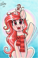 Size: 1768x2693 | Tagged: safe, artist:dandy, imported from derpibooru, oc, oc only, oc:red palette, pony, rat, unicorn, :3, clothes, copic, ear fluff, female, freckles, horn, looking at you, lying down, scarf, striped scarf, traditional art, unicorn oc, waving, waving at you